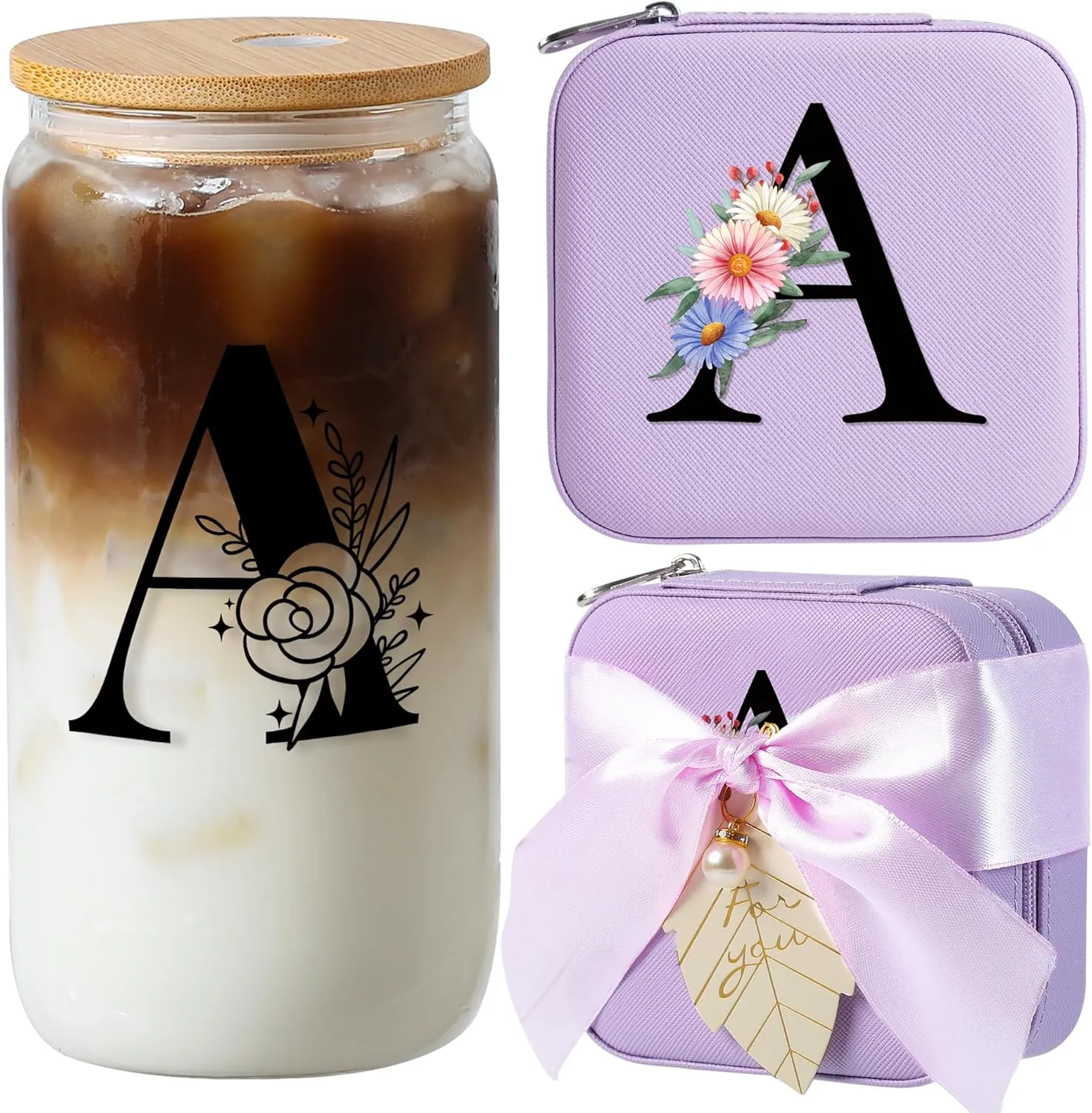 AYGXU maid of honor gifts,initial glass cups with lids and straws 16oz,iced coffee cup,Travel Must Have Jewelry Box set,travel Jewelry Case Organizer,Birthday Gifts,Initial A purple
