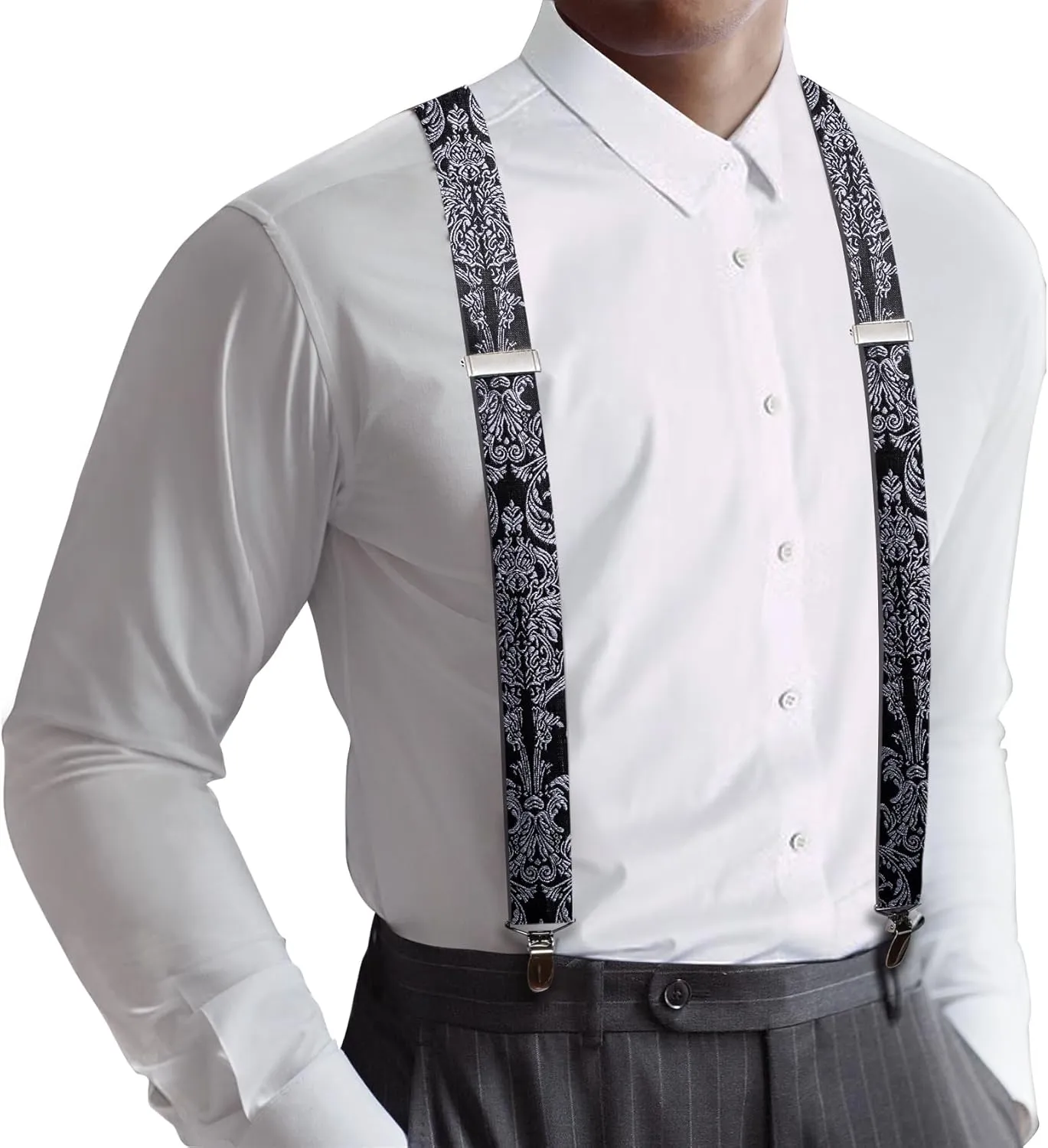 Barry.Wang Men's Suspender Elastic X Back Tie Sets 1.38" 4 Heavy Duty Clips Adjustable Armband Brooch Wedding Party