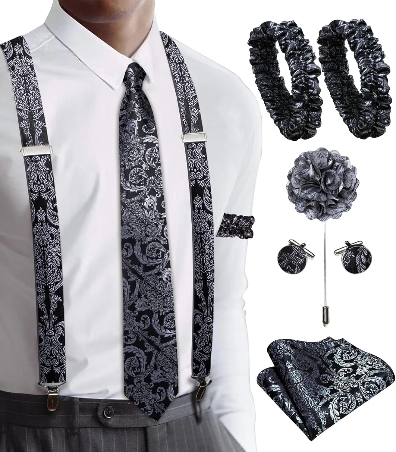 Barry.Wang Men's Suspender Elastic X Back Tie Sets 1.38" 4 Heavy Duty Clips Adjustable Armband Brooch Wedding Party