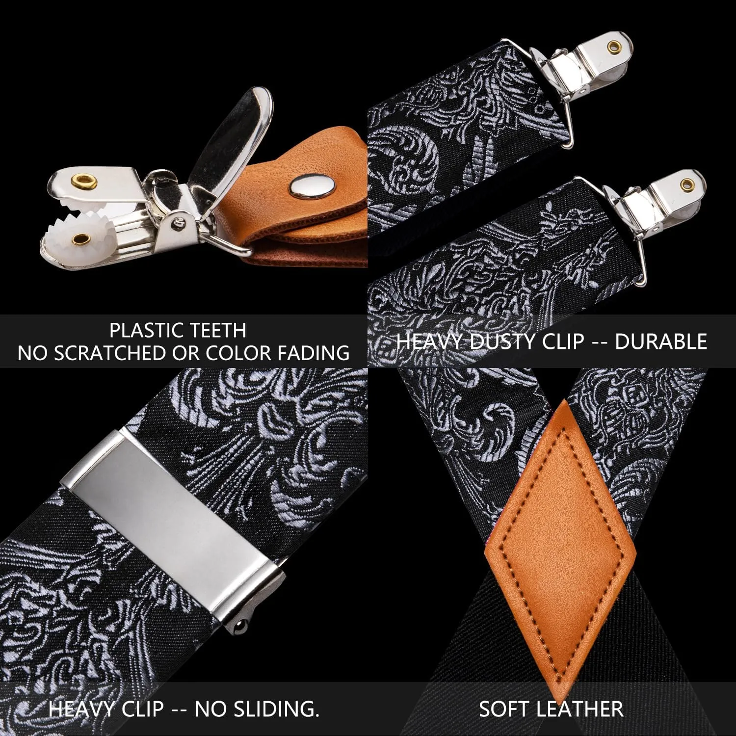 Barry.Wang Men's Suspender Elastic X Back Tie Sets 1.38" 4 Heavy Duty Clips Adjustable Armband Brooch Wedding Party