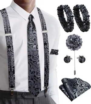 Barry.Wang Men's Suspender Elastic X Back Tie Sets 1.38" 4 Heavy Duty Clips Adjustable Armband Brooch Wedding Party