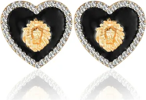 Basketball Wives Crystal Heart Lion Head Stud Earrings Rhinestone Black Enamel Hip Hop Costume Party Cocktail Jewelry