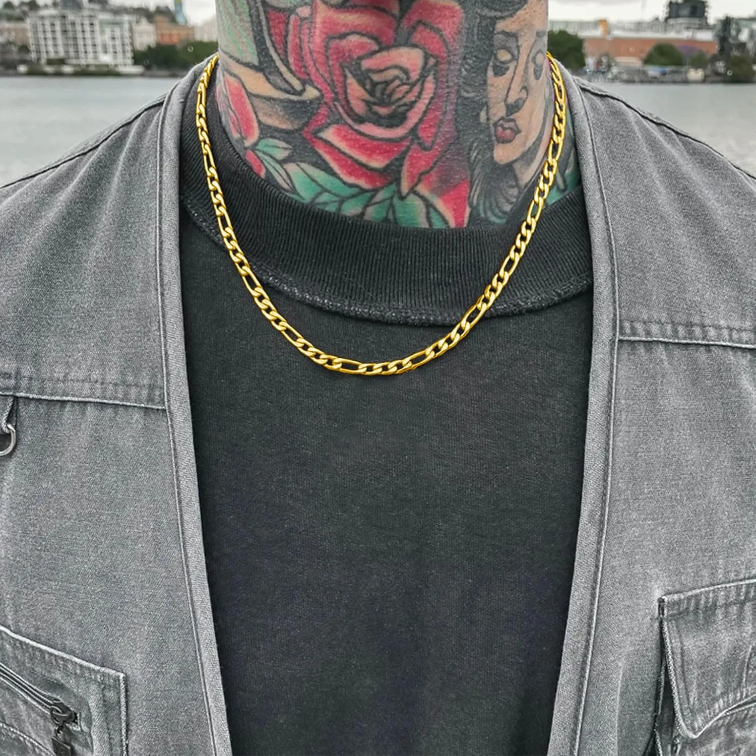 BAYLAY Figaro Gold Necklace - 18K Gold Plated Stainless Steel Chains Sliver Figaro Link Chain 16-24 Inches Chain for Men Jewelry Gifts