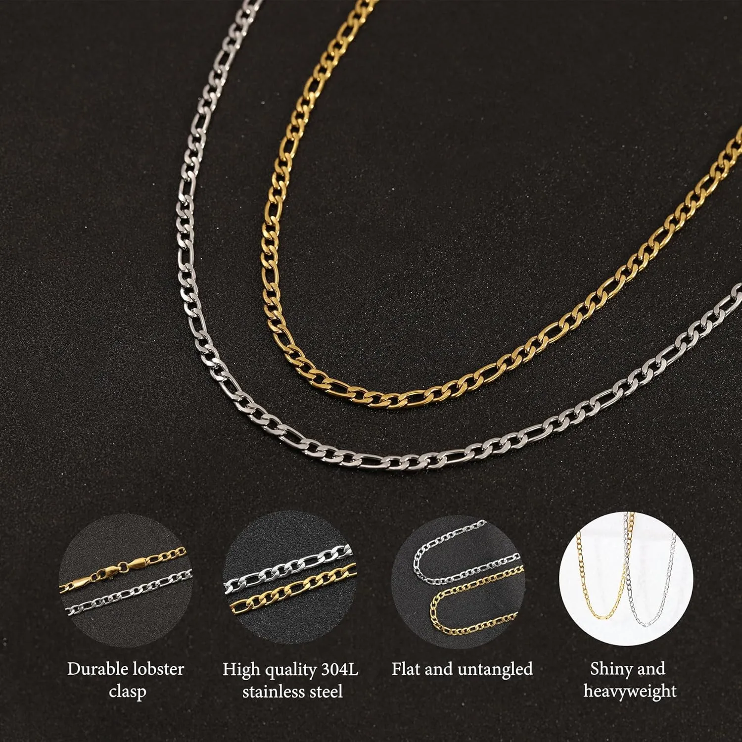 BAYLAY Figaro Gold Necklace - 18K Gold Plated Stainless Steel Chains Sliver Figaro Link Chain 16-24 Inches Chain for Men Jewelry Gifts