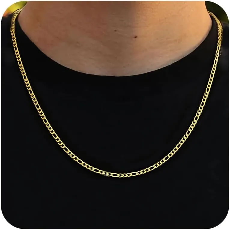 BAYLAY Figaro Gold Necklace - 18K Gold Plated Stainless Steel Chains Sliver Figaro Link Chain 16-24 Inches Chain for Men Jewelry Gifts