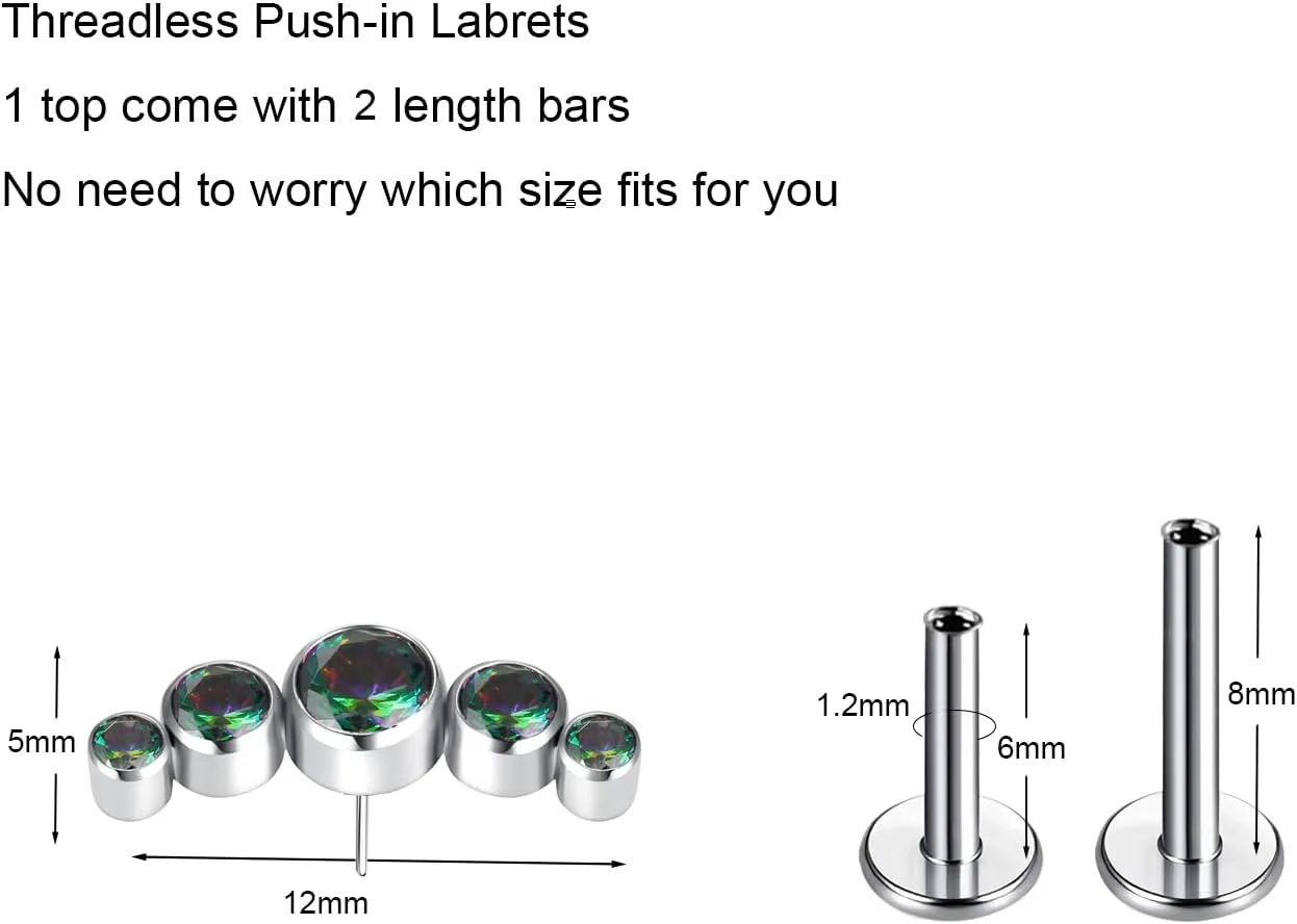 BelezaDosas G23 Titanium Labret Studs 16G Threadless Push-in Press Fit Cluster Tragus Helix Lobe Conch Rook Medusa Cartilage Monroe Push Back Earring Piercing Jewelry