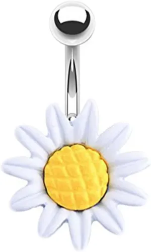 Belly Rings for Women Hypoallergenic, Belly Button Ring Surgical Steel Western Navel Ring Stainless Steel White Sunflower