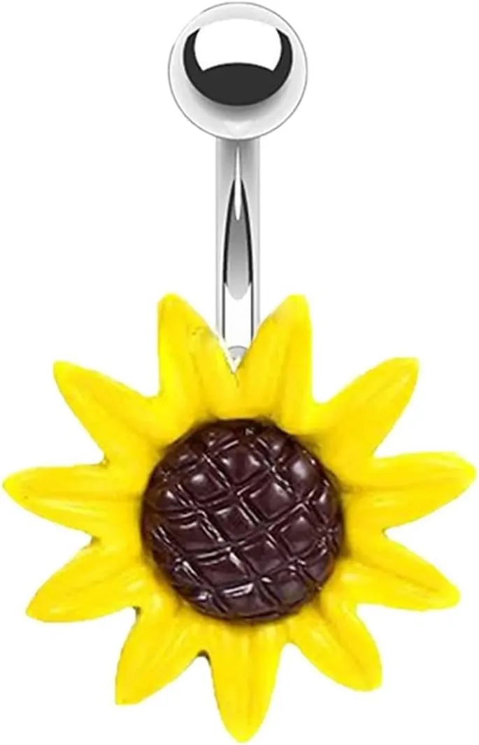 Belly Rings for Women Hypoallergenic, Belly Button Ring Surgical Steel Western Navel Ring Stainless Steel Yellow Sunflower