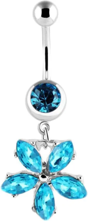 Belly Rings Jewels, Bellybuttons Rings Surgical Steel Navel Ring Stainless Steel Blue Flower with Cubic Zirconia Body Piercing