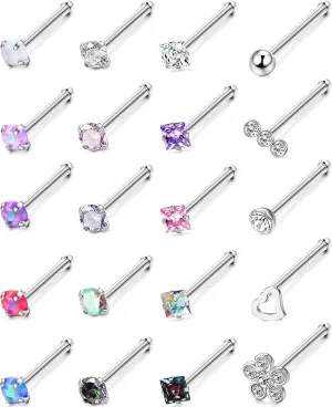 Besteel 20 Pcs Hypoallergenic 20G Nose Rings for Women Men Cubic Zirconia Stainless Steel Nose Studs Set Labret Lip Nostril Piercing Jewelry Multicolor 2mm L Shaped Straight Screw