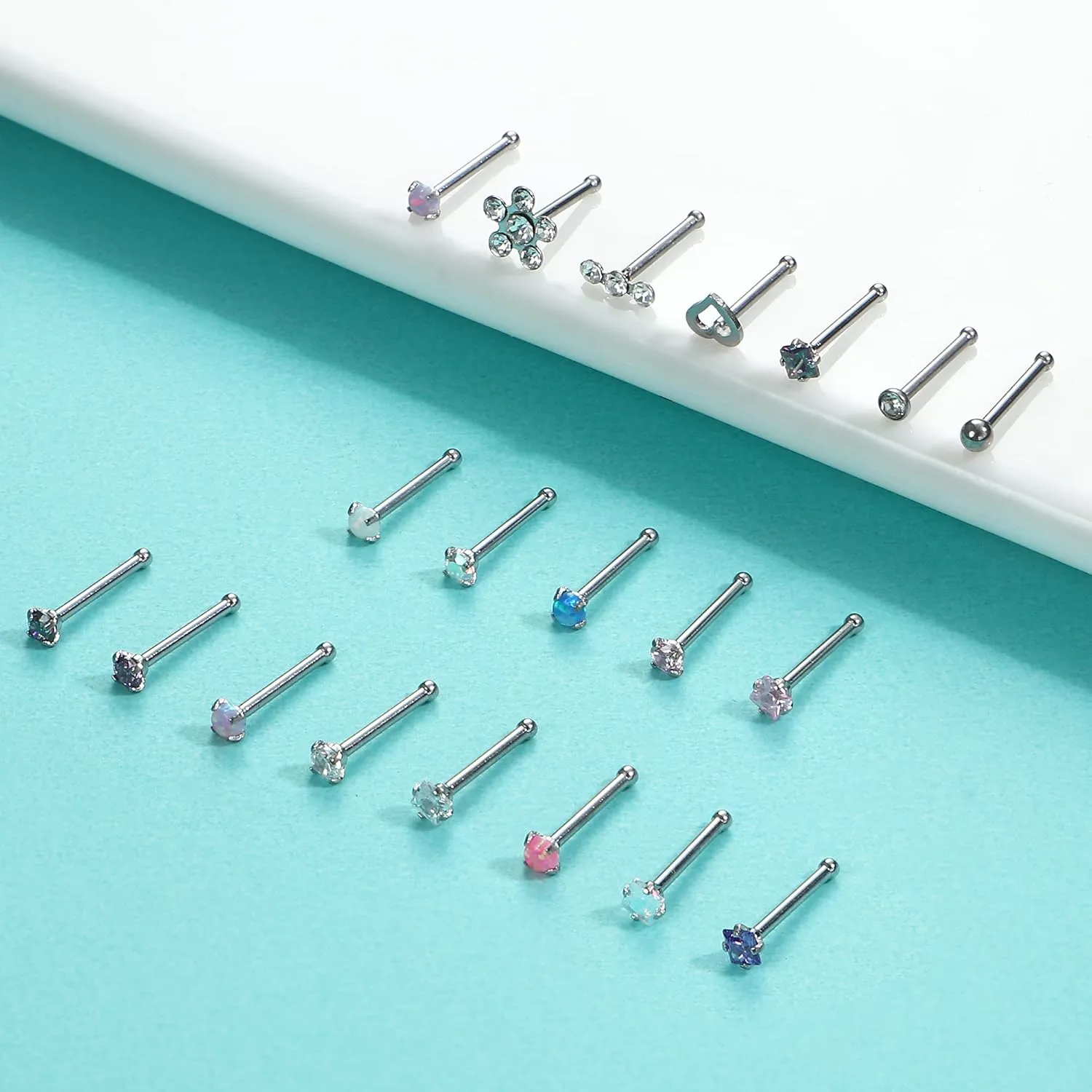 Besteel 20 Pcs Hypoallergenic 20G Nose Rings for Women Men Cubic Zirconia Stainless Steel Nose Studs Set Labret Lip Nostril Piercing Jewelry Multicolor 2mm L Shaped Straight Screw