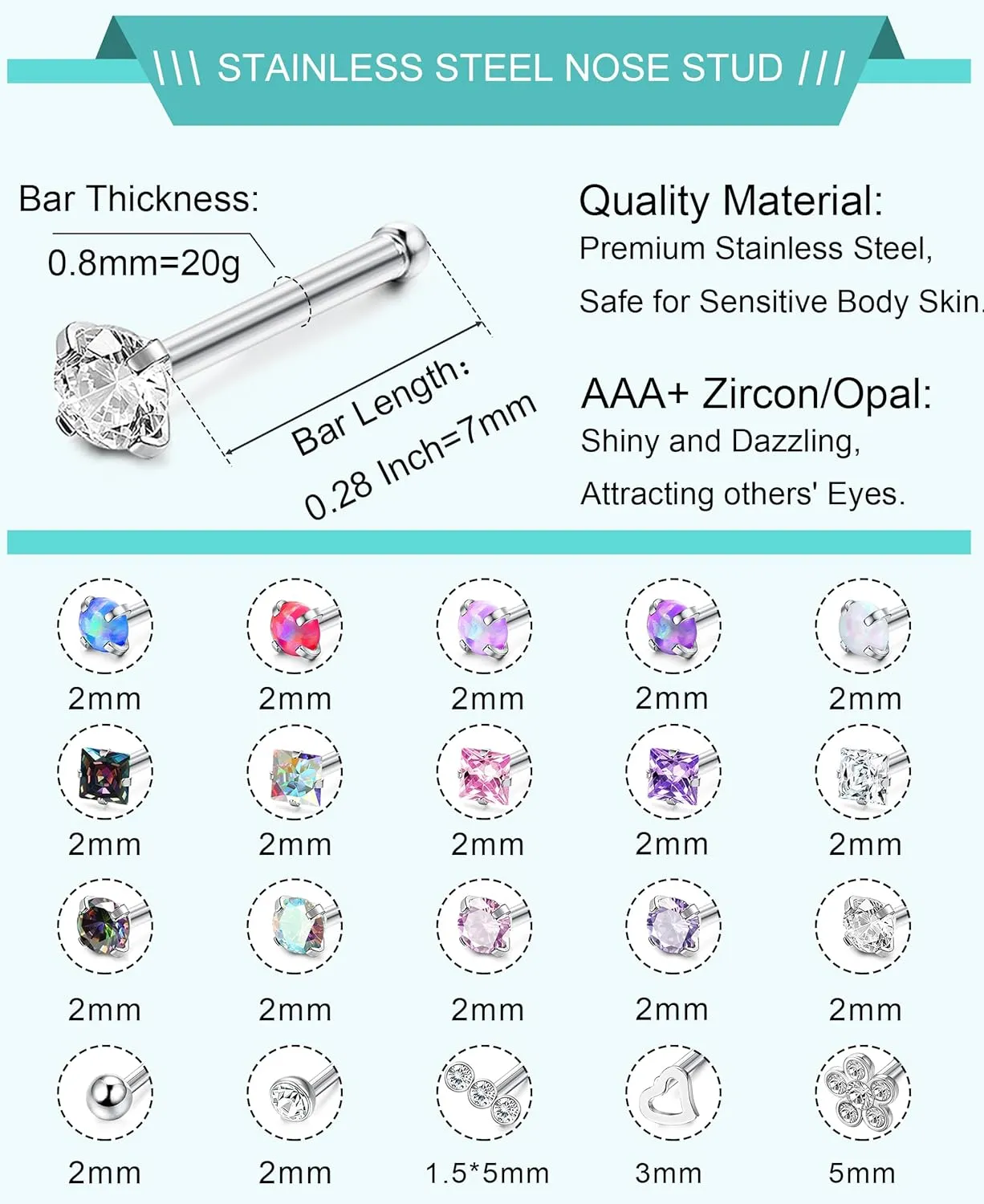 Besteel 20 Pcs Hypoallergenic 20G Nose Rings for Women Men Cubic Zirconia Stainless Steel Nose Studs Set Labret Lip Nostril Piercing Jewelry Multicolor 2mm L Shaped Straight Screw