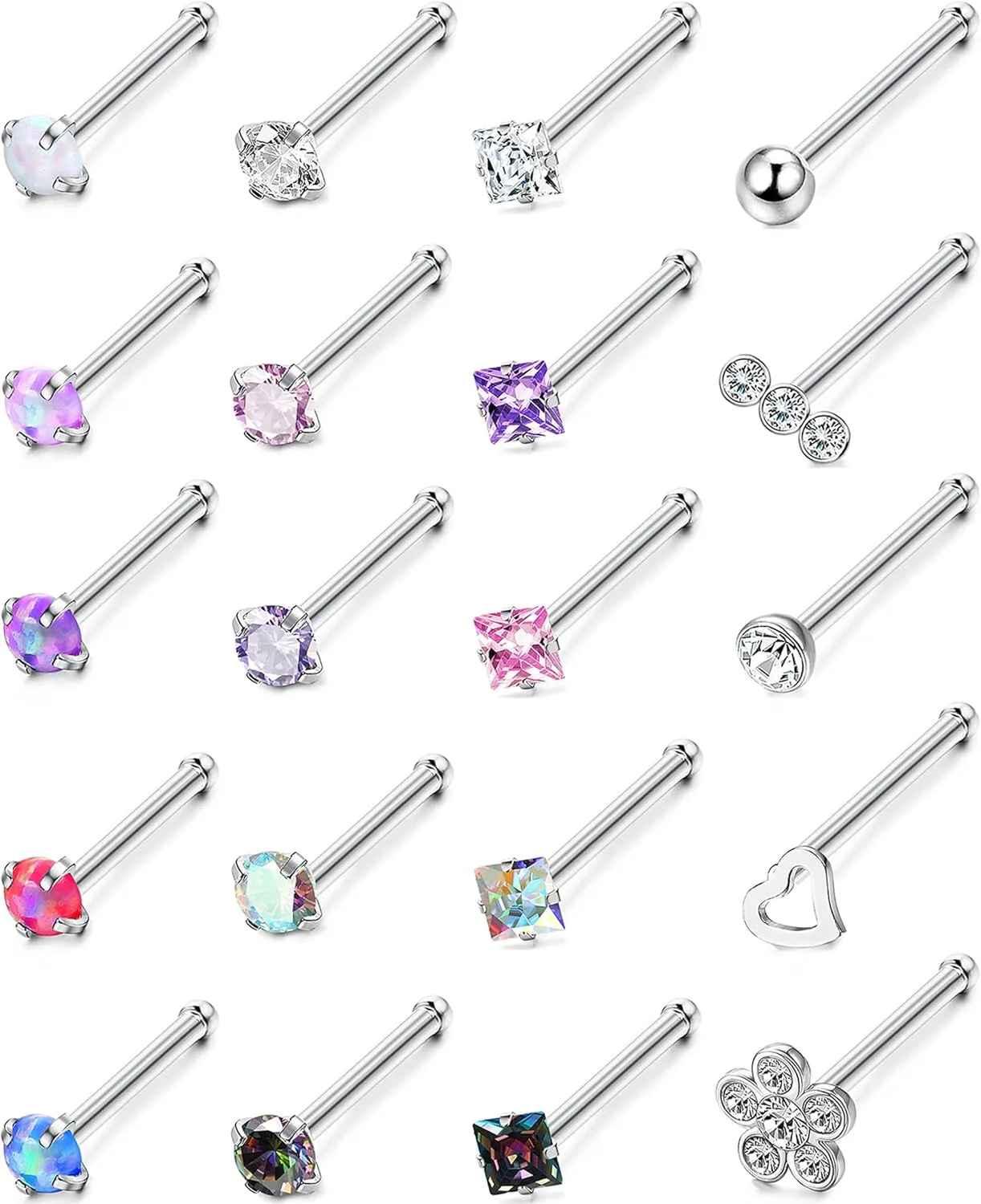 Besteel 20 Pcs Hypoallergenic 20G Nose Rings for Women Men Cubic Zirconia Stainless Steel Nose Studs Set Labret Lip Nostril Piercing Jewelry Multicolor 2mm L Shaped Straight Screw