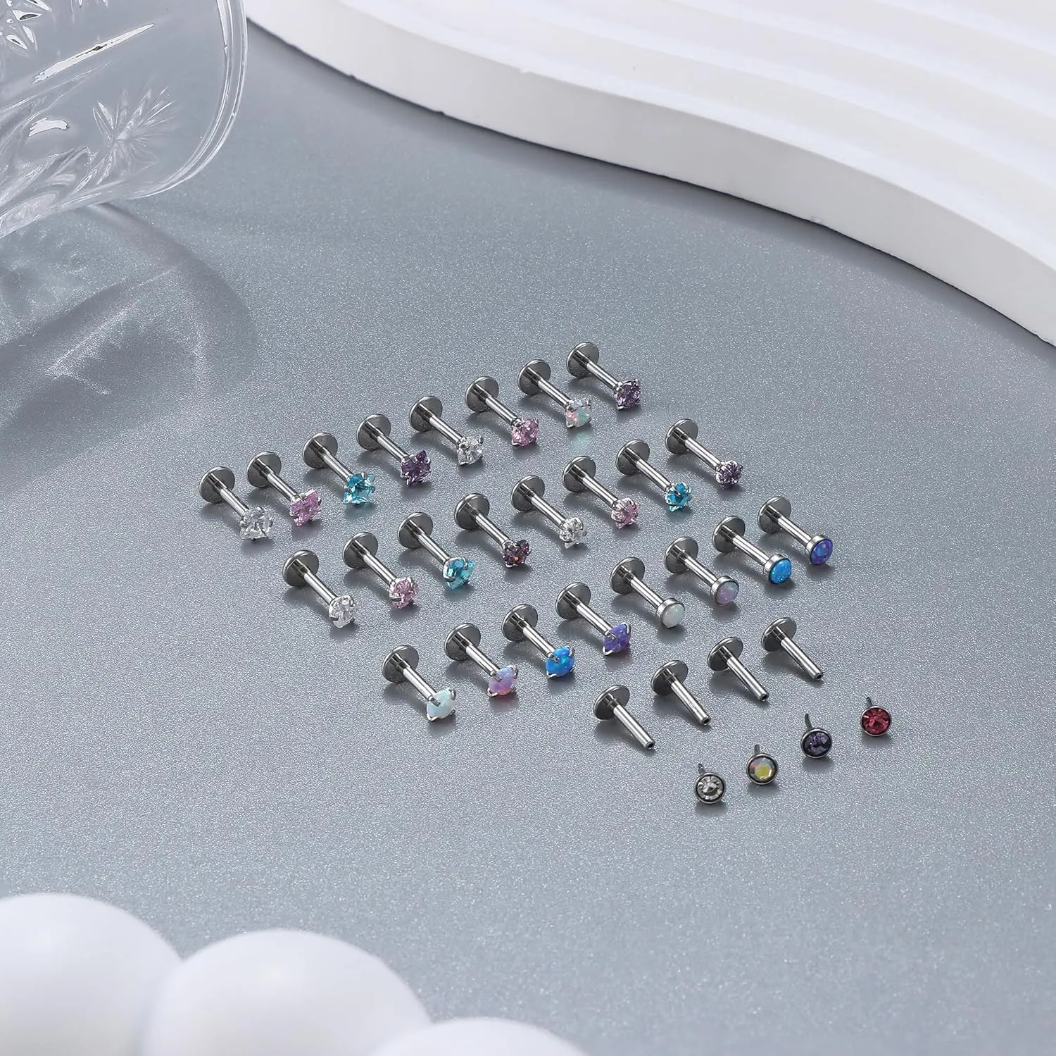 Besteel 28 Pcs Threadless Nose Rings Studs Set CZ Opal Surgical Steel Lip Nostril Labret Monroe Medusa Piercing Jewelry Push in Tragus Conch Helix Flat Back Earrings for Women Men 16G 18G 20G 6/8mm