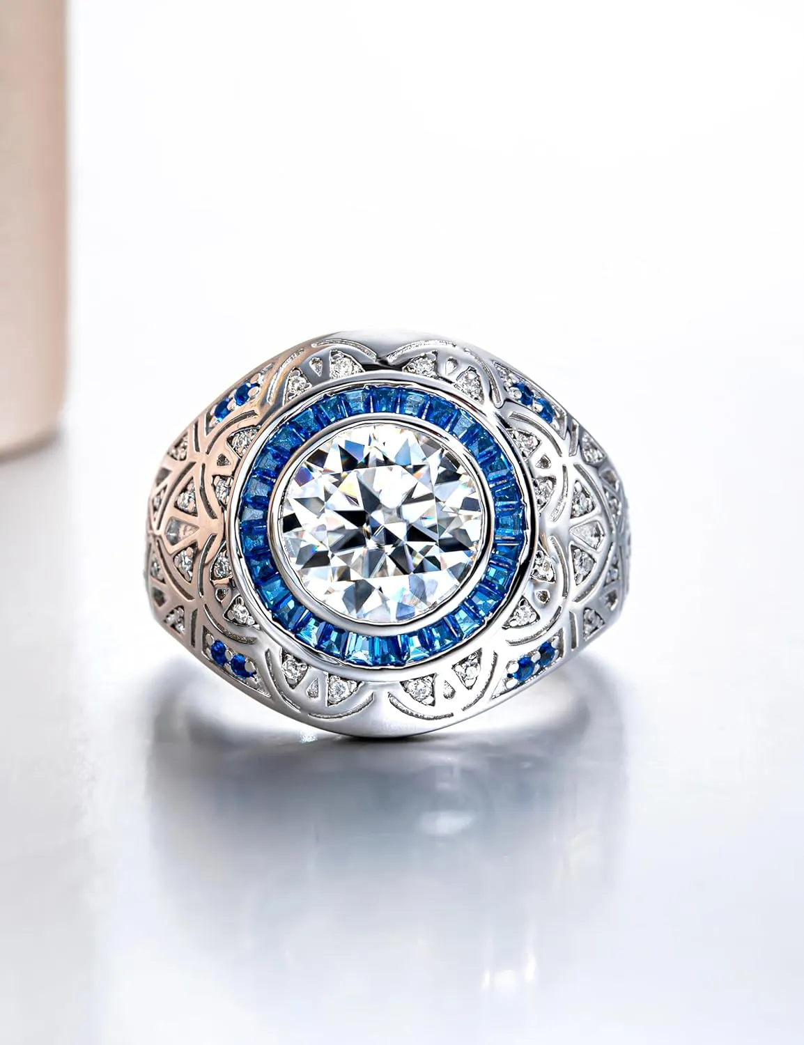 Bezel Set 3.0 carat Moissanite Ring for Men VVS D-color Moissanite Solitaire Cocktail Rings Lab-created Sapphire Engagement Anniversary Wedding Platinum-Plated Silver Wide Band