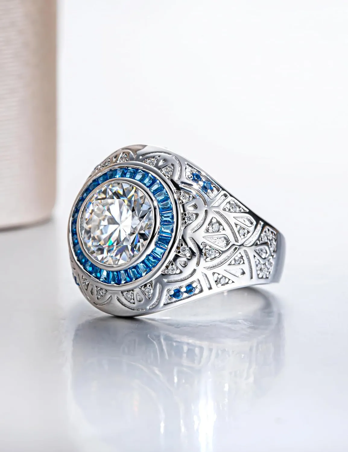 Bezel Set 3.0 carat Moissanite Ring for Men VVS D-color Moissanite Solitaire Cocktail Rings Lab-created Sapphire Engagement Anniversary Wedding Platinum-Plated Silver Wide Band
