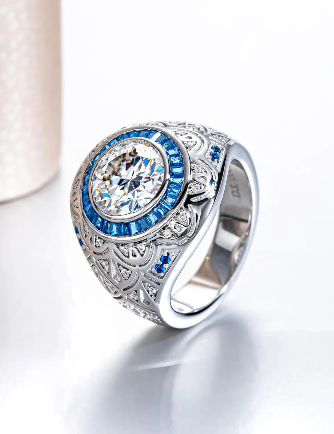 Bezel Set 3.0 carat Moissanite Ring for Men VVS D-color Moissanite Solitaire Cocktail Rings Lab-created Sapphire Engagement Anniversary Wedding Platinum-Plated Silver Wide Band