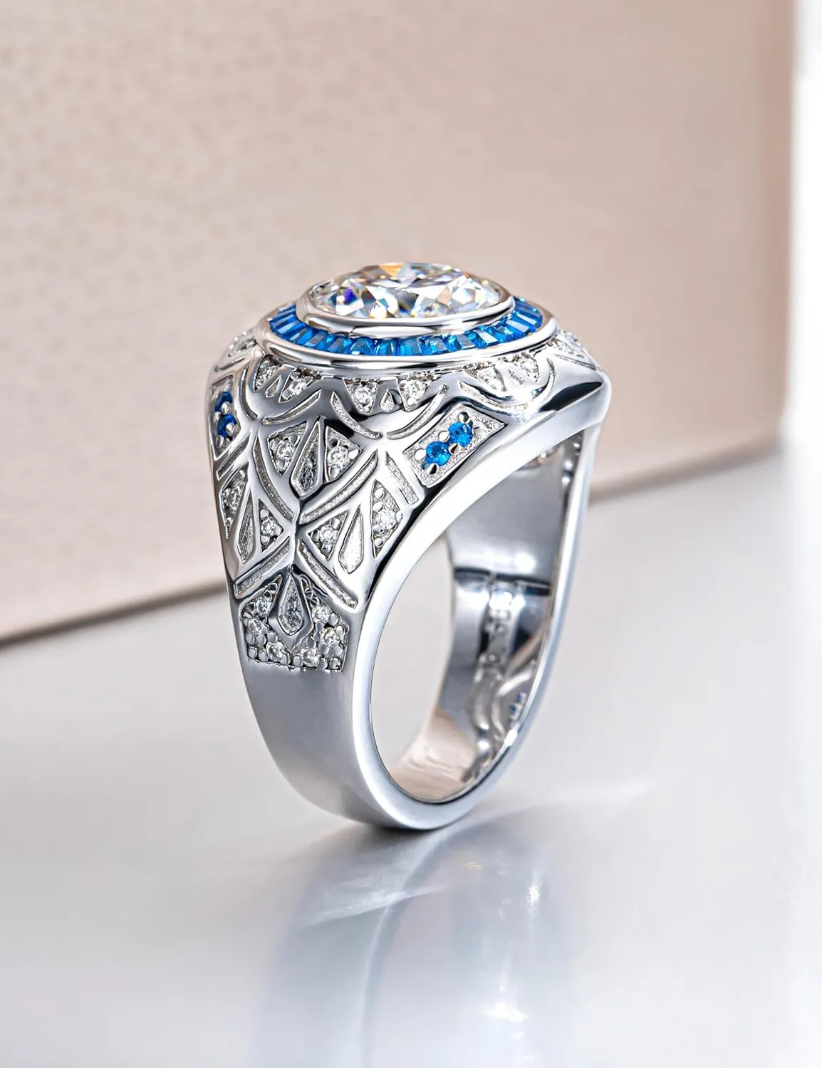 Bezel Set 3.0 carat Moissanite Ring for Men VVS D-color Moissanite Solitaire Cocktail Rings Lab-created Sapphire Engagement Anniversary Wedding Platinum-Plated Silver Wide Band