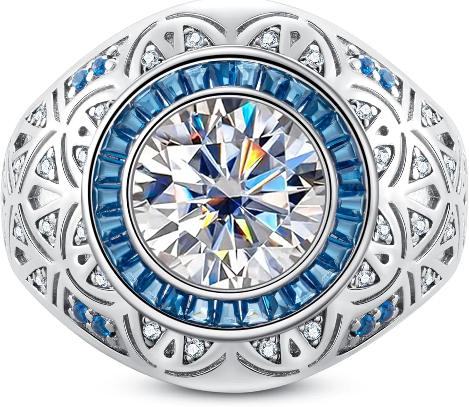 Bezel Set 3.0 carat Moissanite Ring for Men VVS D-color Moissanite Solitaire Cocktail Rings Lab-created Sapphire Engagement Anniversary Wedding Platinum-Plated Silver Wide Band