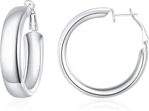 Big Stainless Steel Hoop Earrings Silver Wide Flat Large Hoop Earrings Hypoallergenic Thick Hoop Earrings for Women Fashion Jewelry 40mm