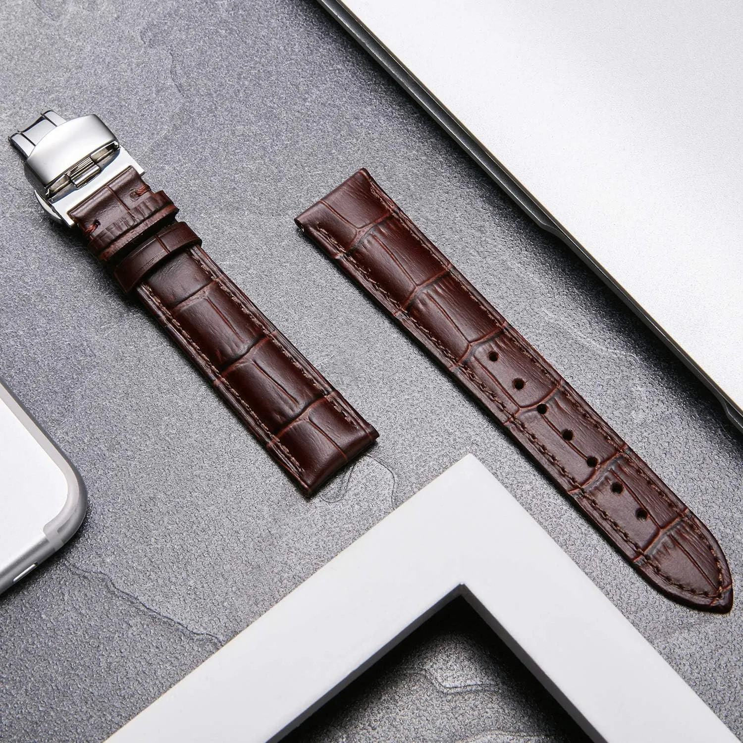 BINLUN Leather Watch Strap Quick Release Strap with Silver Butterfly Deployment Buckle 12mm 13mm 14mm 15mm 16mm 17mm 18mm 19mm 20mm 21mm 22mm 23mm 24mm Watch Band for Men Women