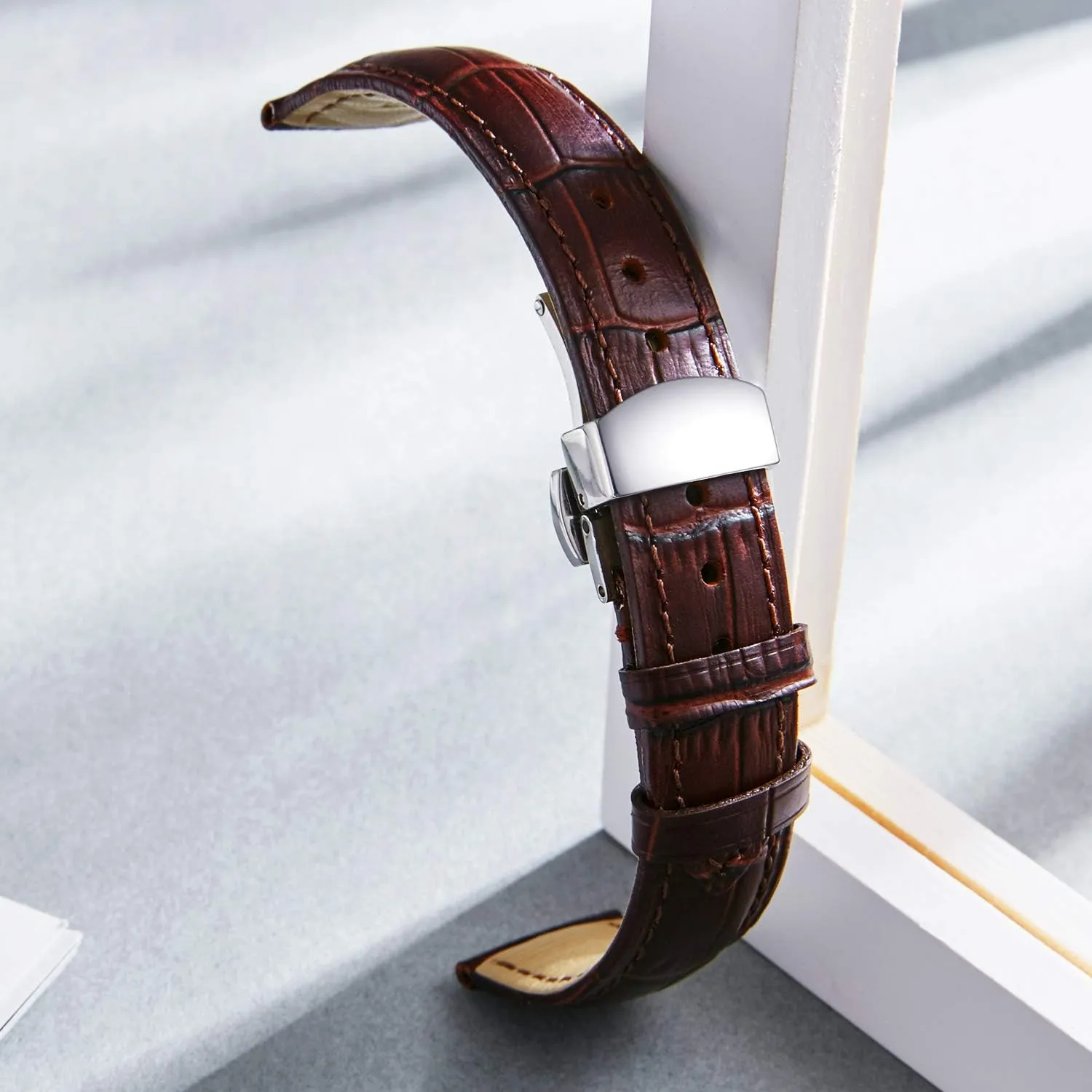 BINLUN Leather Watch Strap Quick Release Strap with Silver Butterfly Deployment Buckle 12mm 13mm 14mm 15mm 16mm 17mm 18mm 19mm 20mm 21mm 22mm 23mm 24mm Watch Band for Men Women