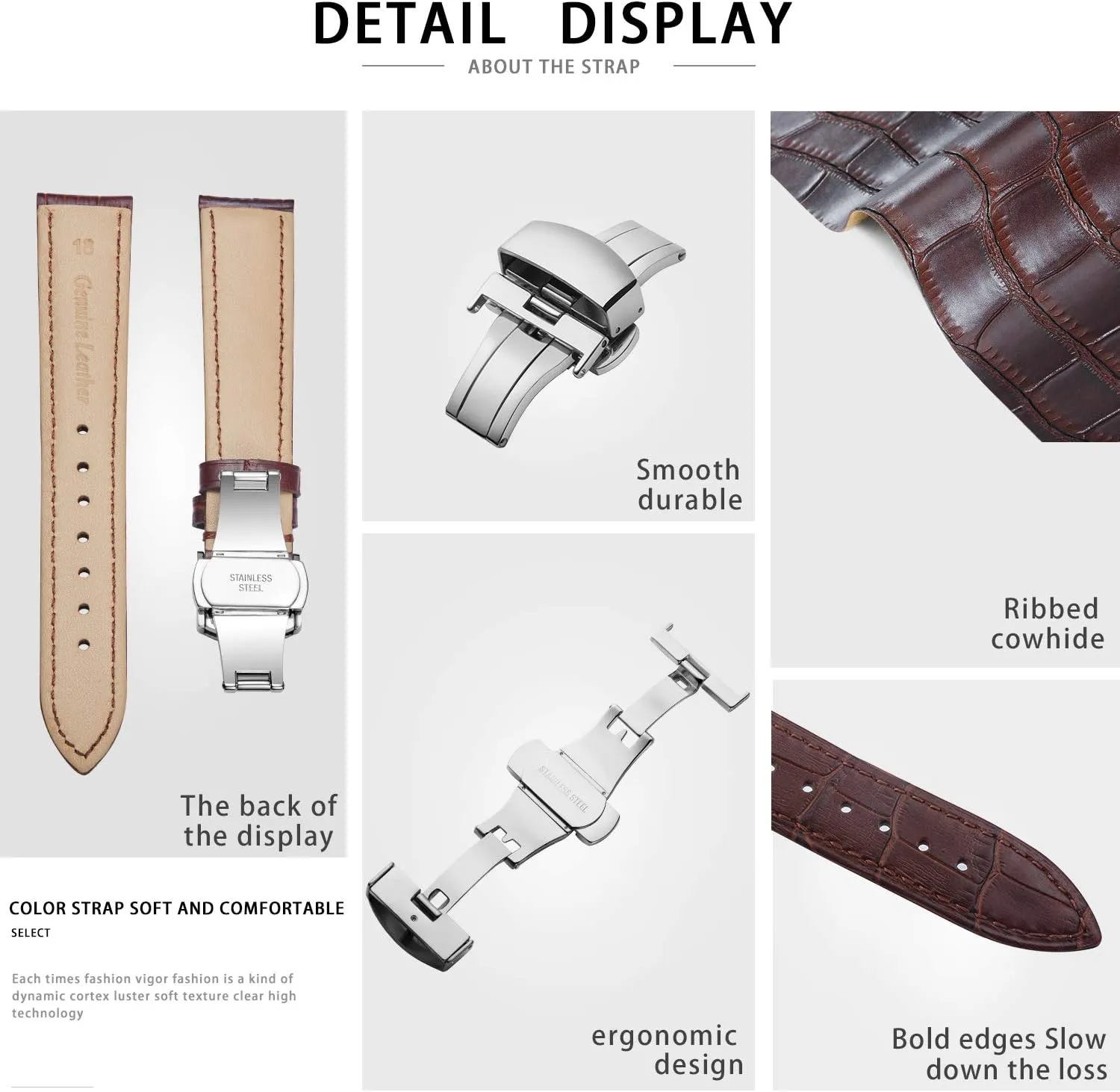 BINLUN Leather Watch Strap Quick Release Strap with Silver Butterfly Deployment Buckle 12mm 13mm 14mm 15mm 16mm 17mm 18mm 19mm 20mm 21mm 22mm 23mm 24mm Watch Band for Men Women