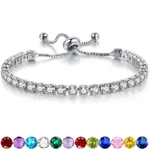 Birthstone Bracelet for Women, Silver Tennis Bracelets with Cubic Zirconia Adjustable Slider Bracelet Birthday Mother's Day Graduation Gifts for Her Mom Wife Girlfriend