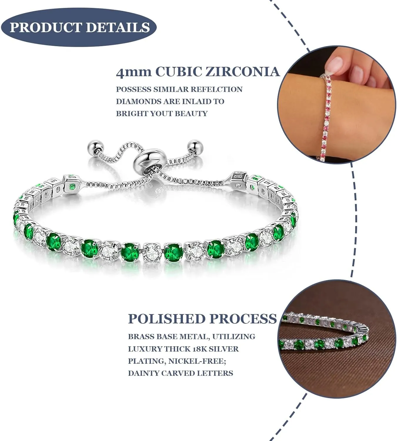 Birthstone Bracelet for Women, Silver Tennis Bracelets with Cubic Zirconia Adjustable Slider Bracelet Birthday Mother's Day Graduation Gifts for Her Mom Wife Girlfriend