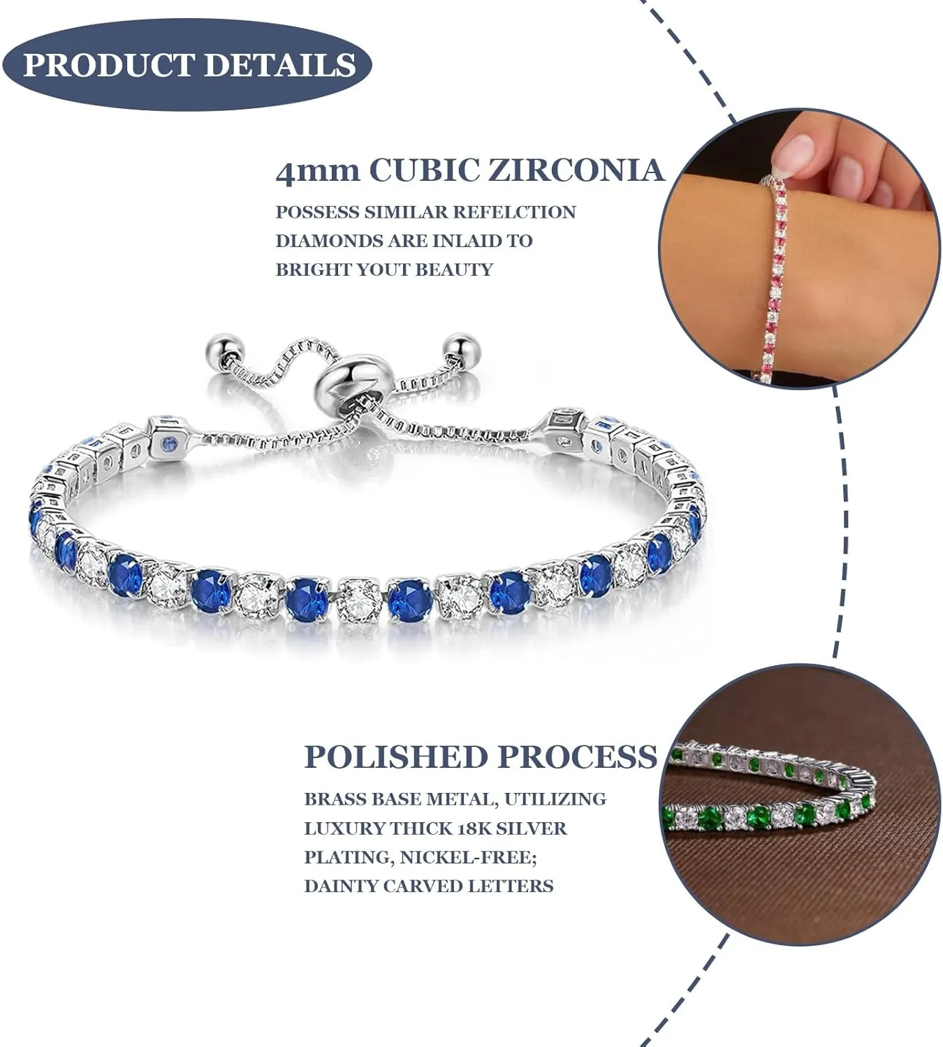 Birthstone Bracelet for Women, Silver Tennis Bracelets with Cubic Zirconia Adjustable Slider Bracelet Birthday Mother's Day Graduation Gifts for Her Mom Wife Girlfriend