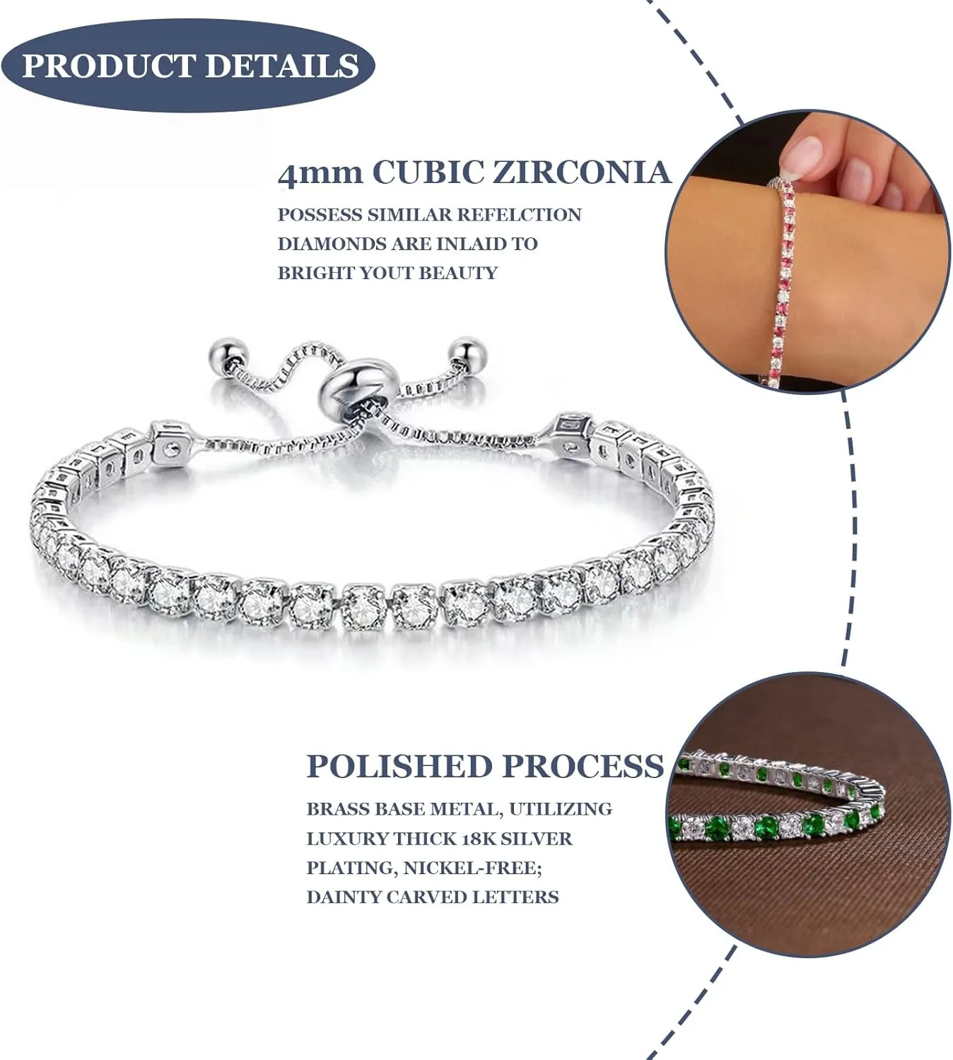 Birthstone Bracelet for Women, Silver Tennis Bracelets with Cubic Zirconia Adjustable Slider Bracelet Birthday Mother's Day Graduation Gifts for Her Mom Wife Girlfriend