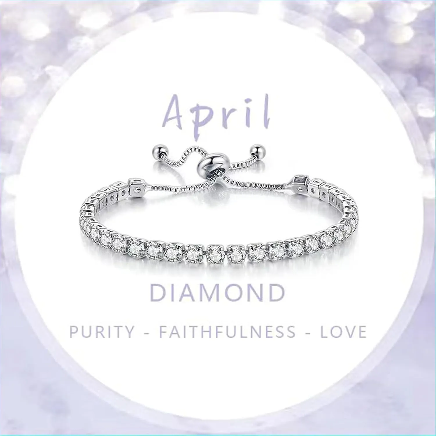 Birthstone Bracelet for Women, Silver Tennis Bracelets with Cubic Zirconia Adjustable Slider Bracelet Birthday Mother's Day Graduation Gifts for Her Mom Wife Girlfriend