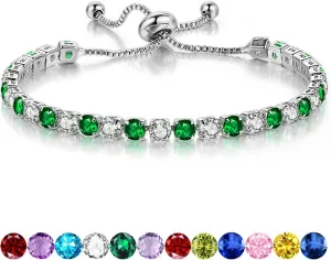 Birthstone Bracelet for Women, Silver Tennis Bracelets with Cubic Zirconia Adjustable Slider Bracelet Birthday Mother's Day Graduation Gifts for Her Mom Wife Girlfriend