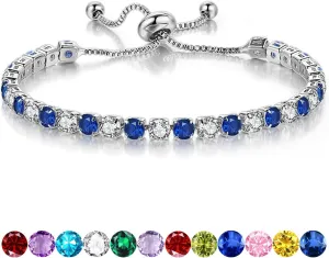 Birthstone Bracelet for Women, Silver Tennis Bracelets with Cubic Zirconia Adjustable Slider Bracelet Birthday Mother's Day Graduation Gifts for Her Mom Wife Girlfriend
