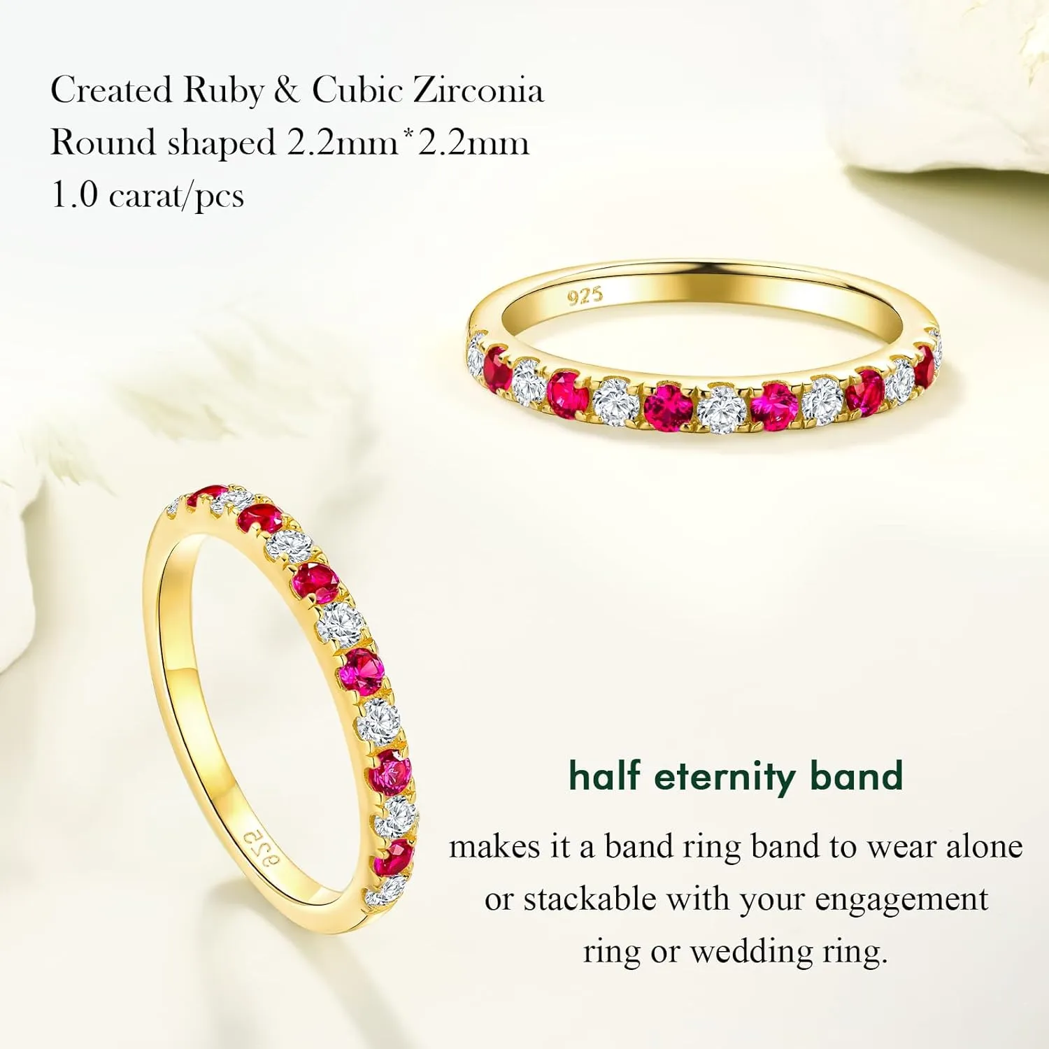 Birthstone Rings Eternity Band 925 Sterling Silver/Yellow Gold Created Gemstone Stackable Wedding Band Half Eternity Rings for Women Size 6 to 10