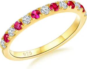 Birthstone Rings Eternity Band 925 Sterling Silver/Yellow Gold Created Gemstone Stackable Wedding Band Half Eternity Rings for Women Size 6 to 10