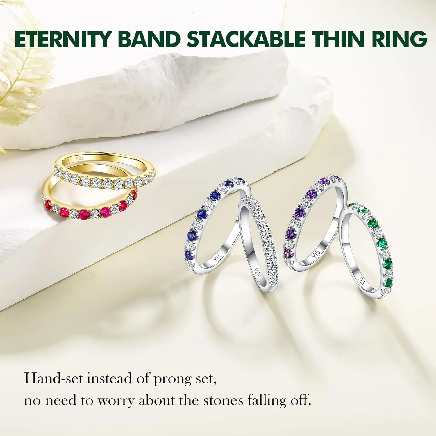 Birthstone Rings Eternity Band 925 Sterling Silver/Yellow Gold Created Gemstone Stackable Wedding Band Half Eternity Rings for Women Size 6 to 10