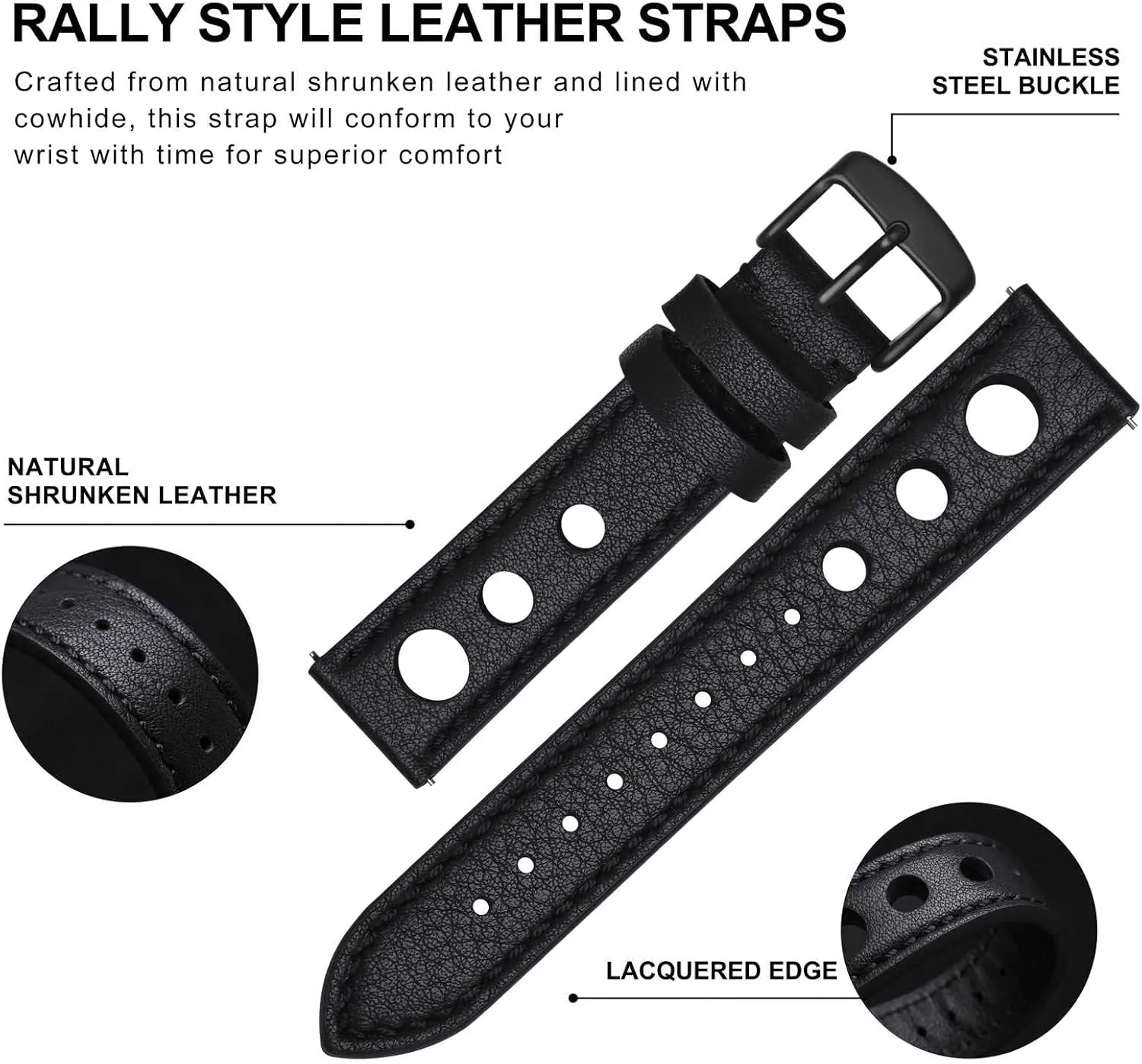 BISONSTRAP Rally Watch Bands, Leather Watch Straps for Men, 18mm, 20mm, 22mm