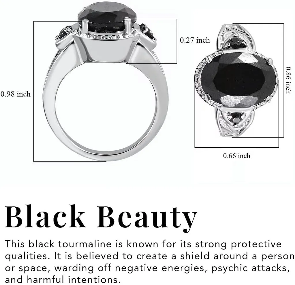 Black Tourmaline Ring Spinel - Birthstone Rings for Women - Engagement Promise Statement Vintage Stainless Steel Tourmaline Jewelry Birthday Gifts for Her