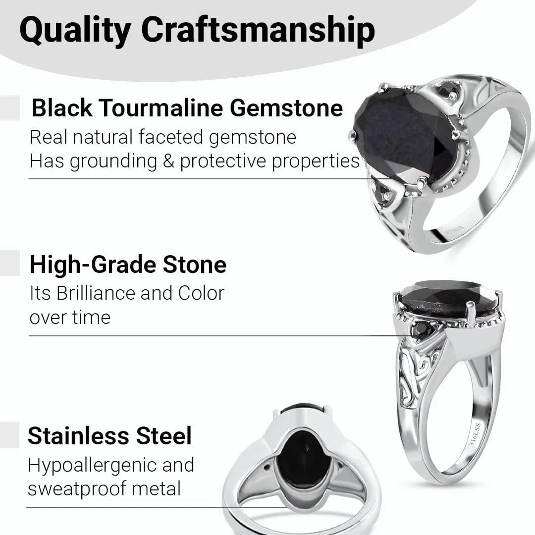 Black Tourmaline Ring Spinel - Birthstone Rings for Women - Engagement Promise Statement Vintage Stainless Steel Tourmaline Jewelry Birthday Gifts for Her