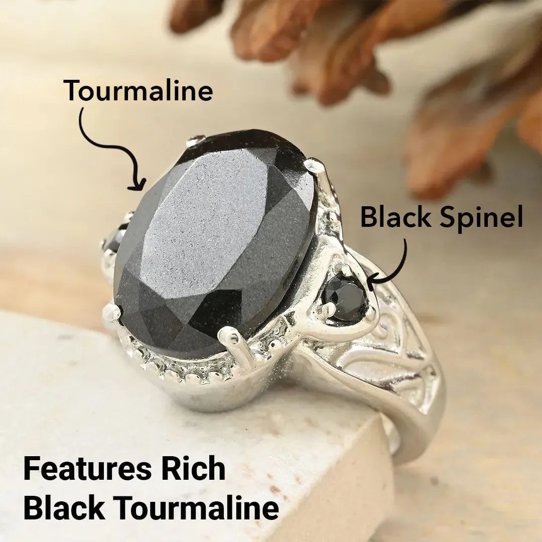 Black Tourmaline Ring Spinel - Birthstone Rings for Women - Engagement Promise Statement Vintage Stainless Steel Tourmaline Jewelry Birthday Gifts for Her