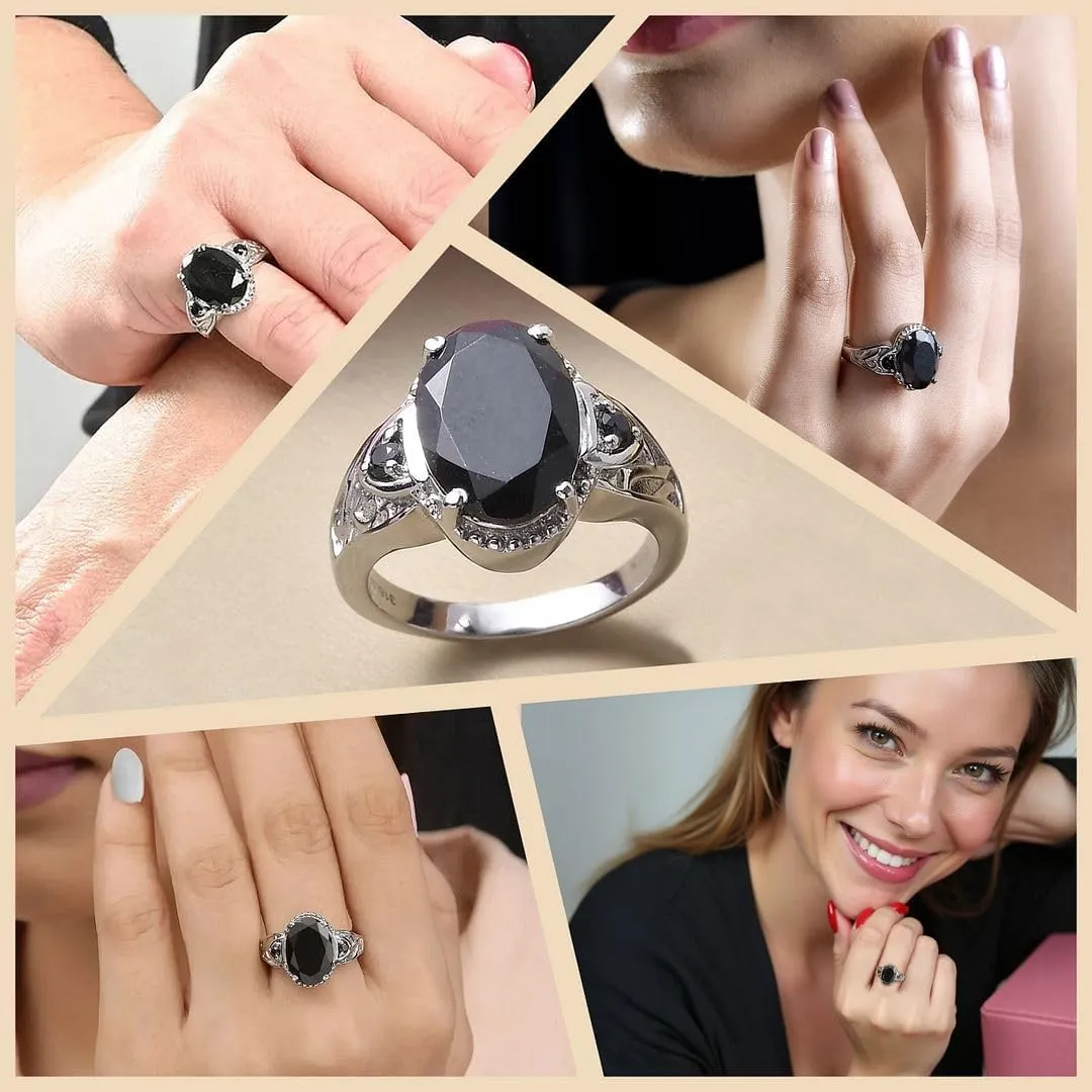 Black Tourmaline Ring Spinel - Birthstone Rings for Women - Engagement Promise Statement Vintage Stainless Steel Tourmaline Jewelry Birthday Gifts for Her