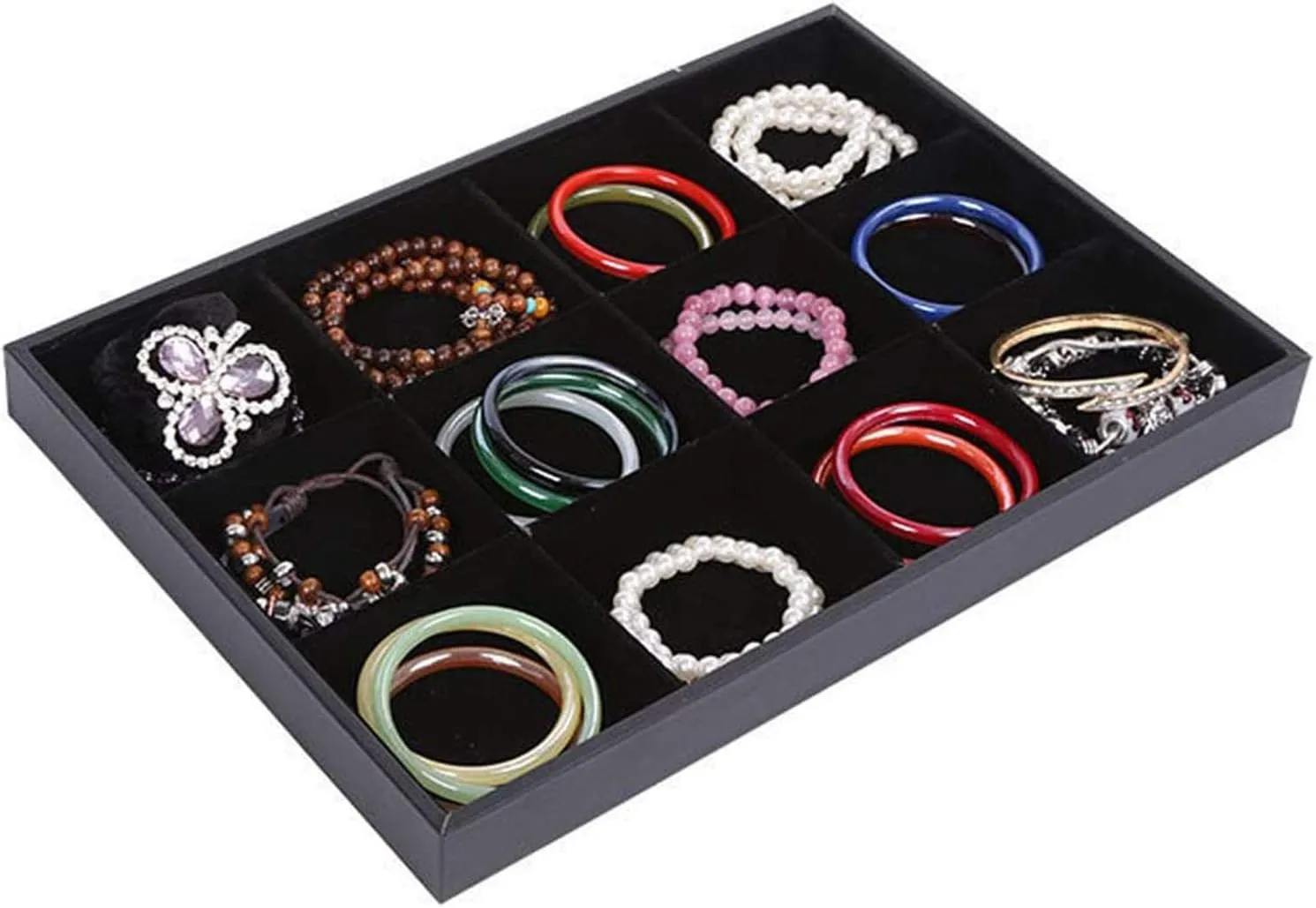 Black Velvet Stackable 12 Grid Jewelry Tray for Women Gemstone Pendant,Diamond,Showcase Display Organizer Holder Storage Modern Box Case Pad Stackers for Valet Closet,Decorate Vanity Table