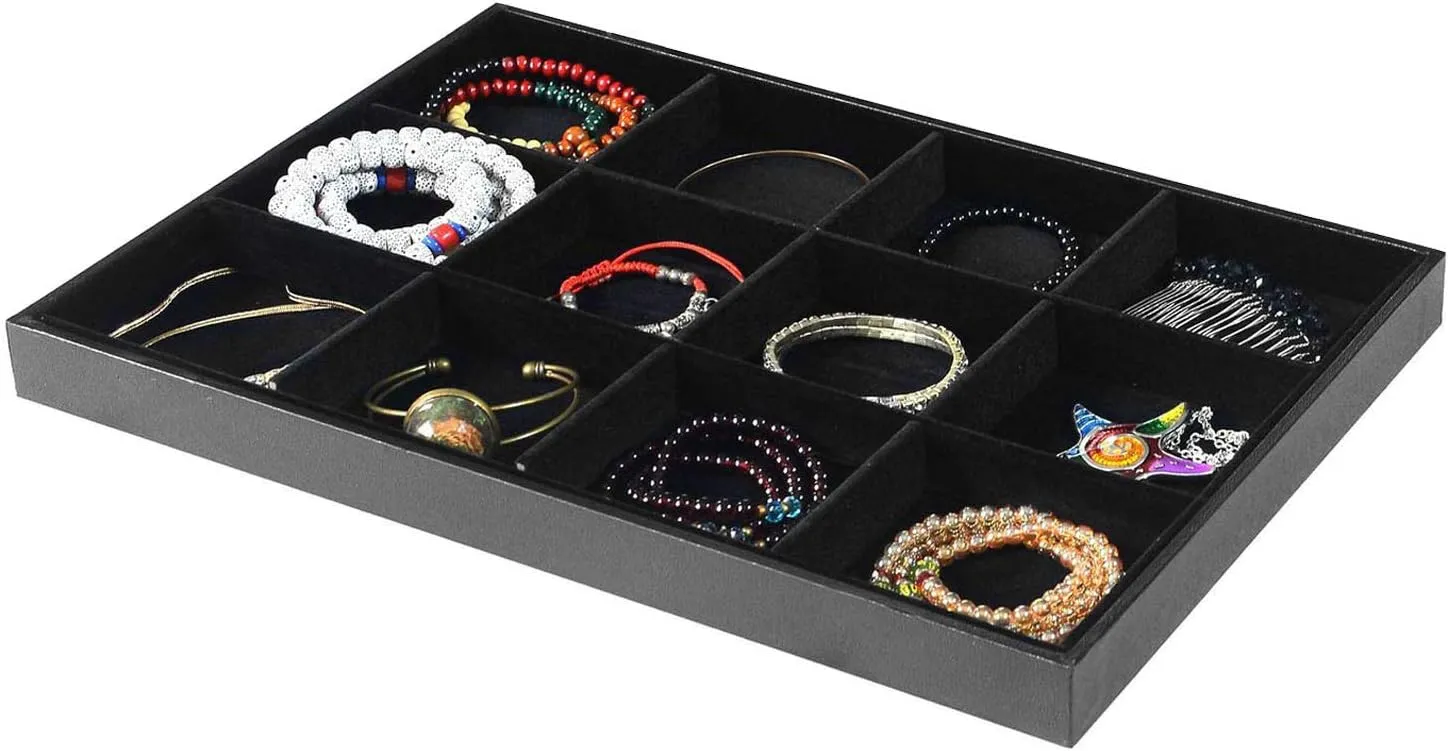 Black Velvet Stackable 12 Grid Jewelry Tray for Women Gemstone Pendant,Diamond,Showcase Display Organizer Holder Storage Modern Box Case Pad Stackers for Valet Closet,Decorate Vanity Table