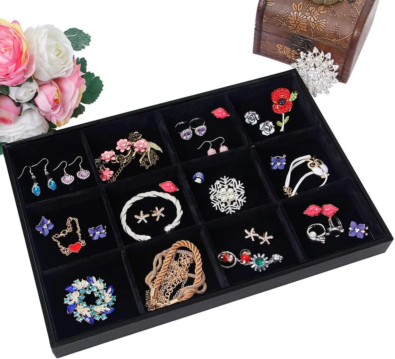 Black Velvet Stackable 12 Grid Jewelry Tray for Women Gemstone Pendant,Diamond,Showcase Display Organizer Holder Storage Modern Box Case Pad Stackers for Valet Closet,Decorate Vanity Table