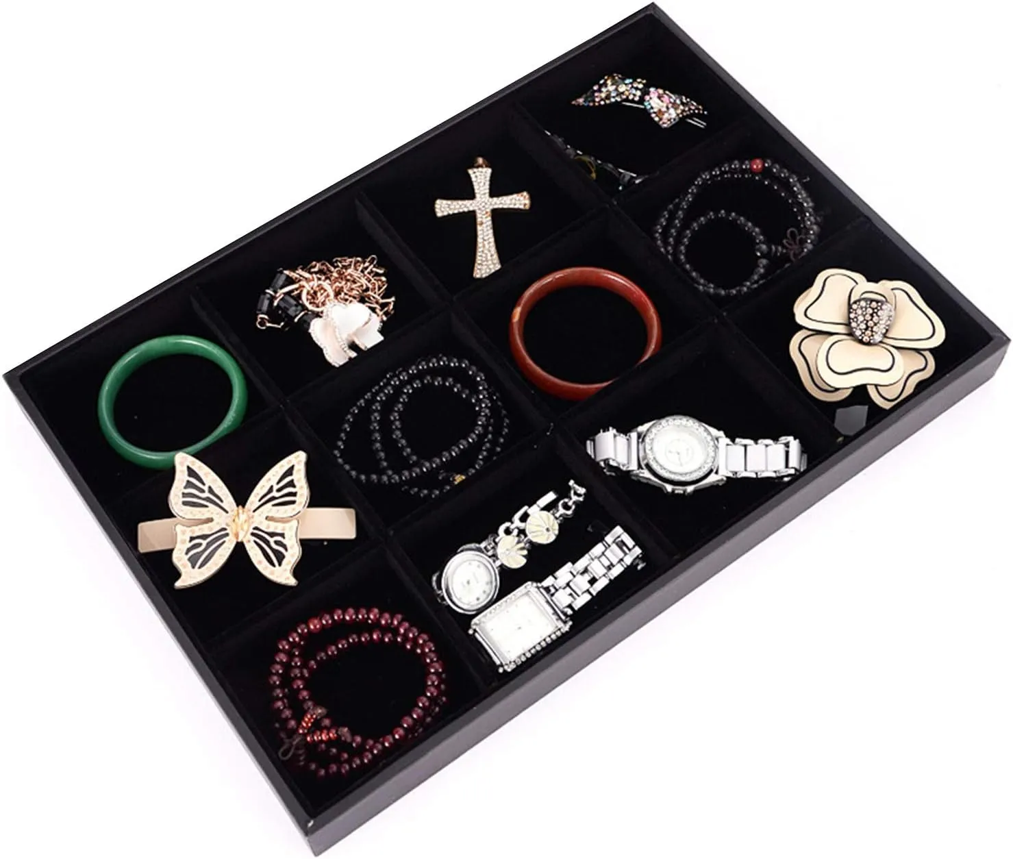 Black Velvet Stackable 12 Grid Jewelry Tray for Women Gemstone Pendant,Diamond,Showcase Display Organizer Holder Storage Modern Box Case Pad Stackers for Valet Closet,Decorate Vanity Table
