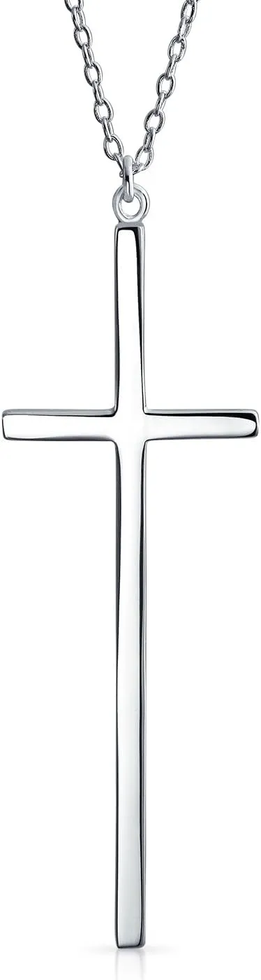 Bling Jewelry Modern Elongated Simple Basic Long Flat Thin Delicate Religious Latin Cross Pendant Necklace For Women Teen Rose Gold Plated .925 Sterling Silver