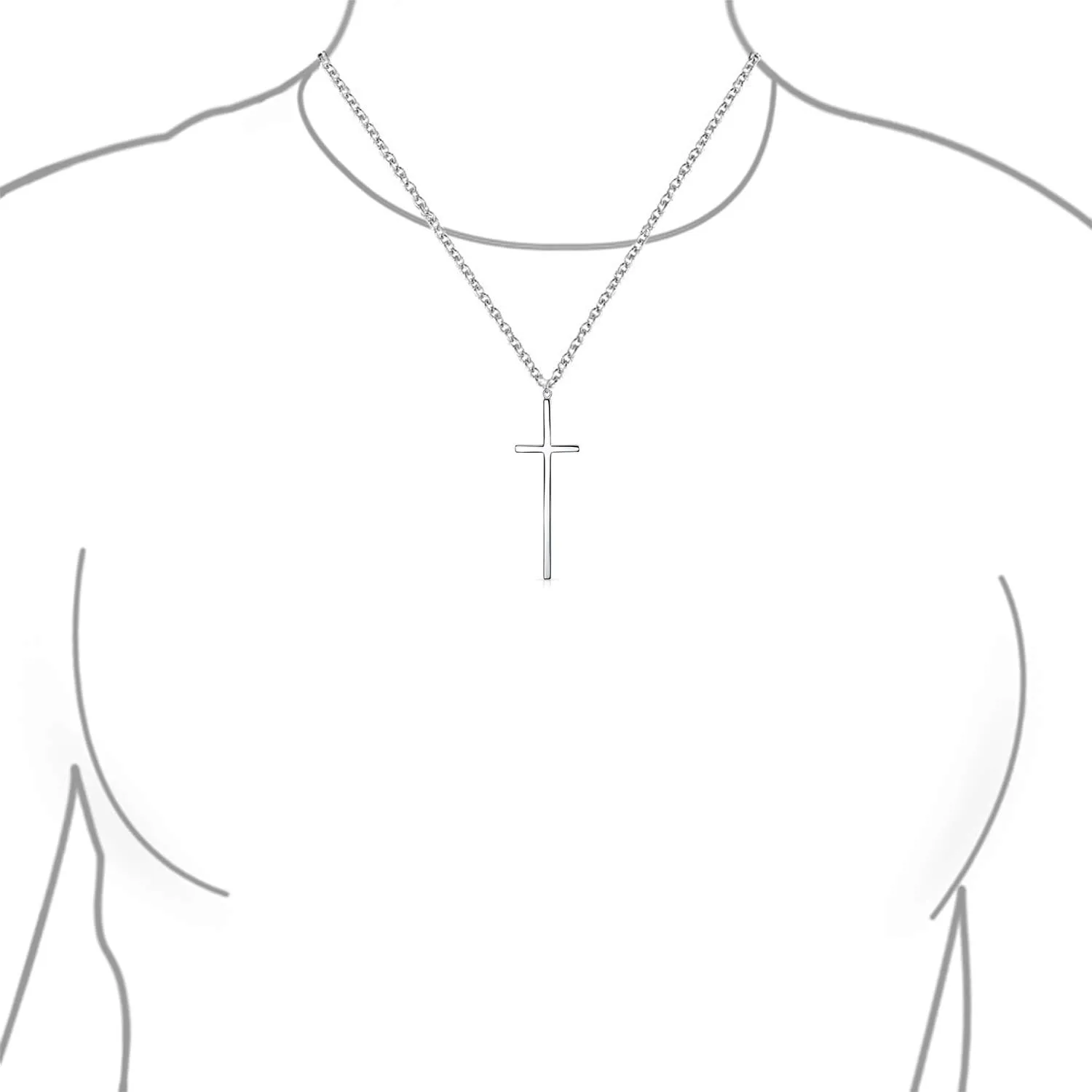 Bling Jewelry Modern Elongated Simple Basic Long Flat Thin Delicate Religious Latin Cross Pendant Necklace For Women Teen Rose Gold Plated .925 Sterling Silver