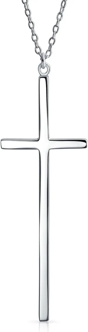 Bling Jewelry Modern Elongated Simple Basic Long Flat Thin Delicate Religious Latin Cross Pendant Necklace For Women Teen Rose Gold Plated .925 Sterling Silver