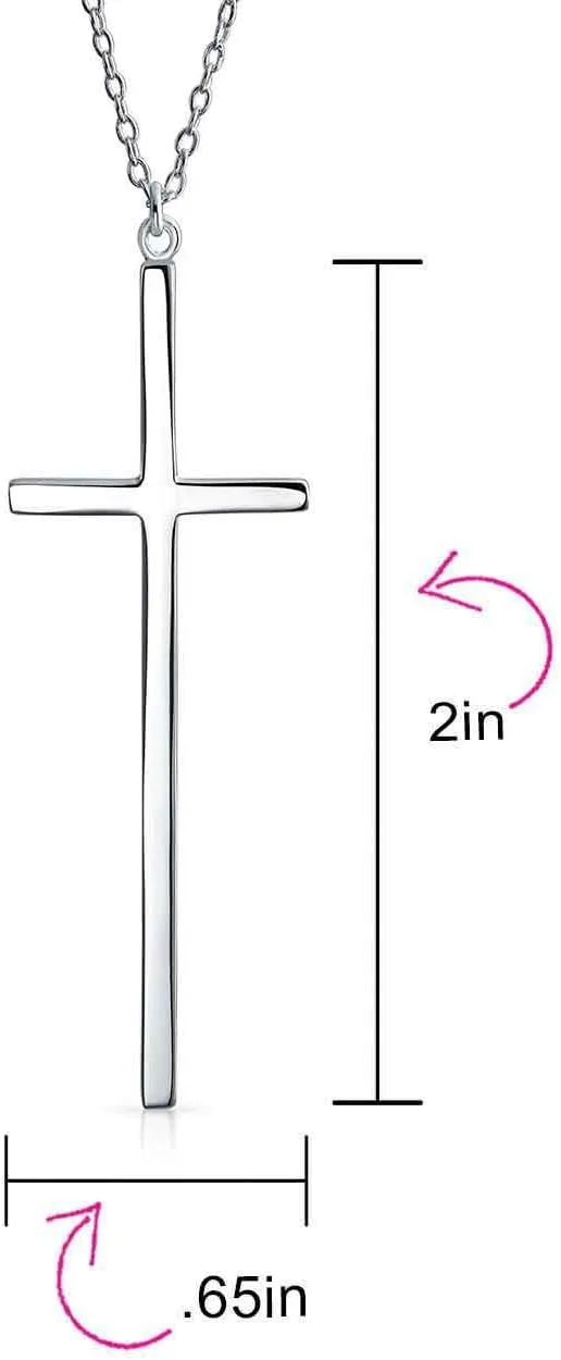 Bling Jewelry Modern Elongated Simple Basic Long Flat Thin Delicate Religious Latin Cross Pendant Necklace For Women Teen Rose Gold Plated .925 Sterling Silver